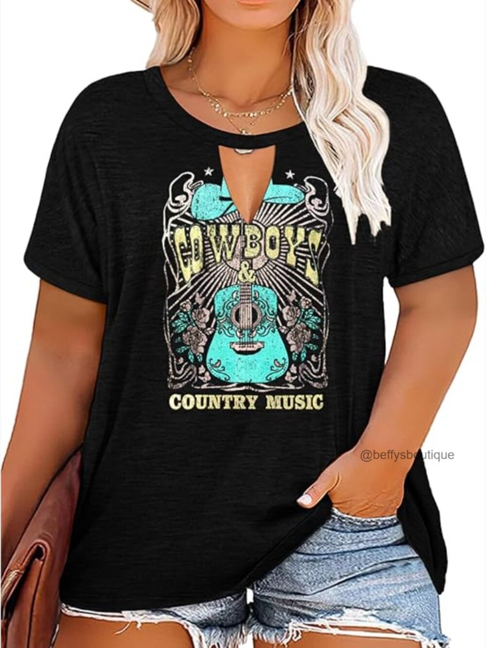 Plus Size Whiskey Country Music V Neck Keyhole Tee Tunic - Picture 1 of 7